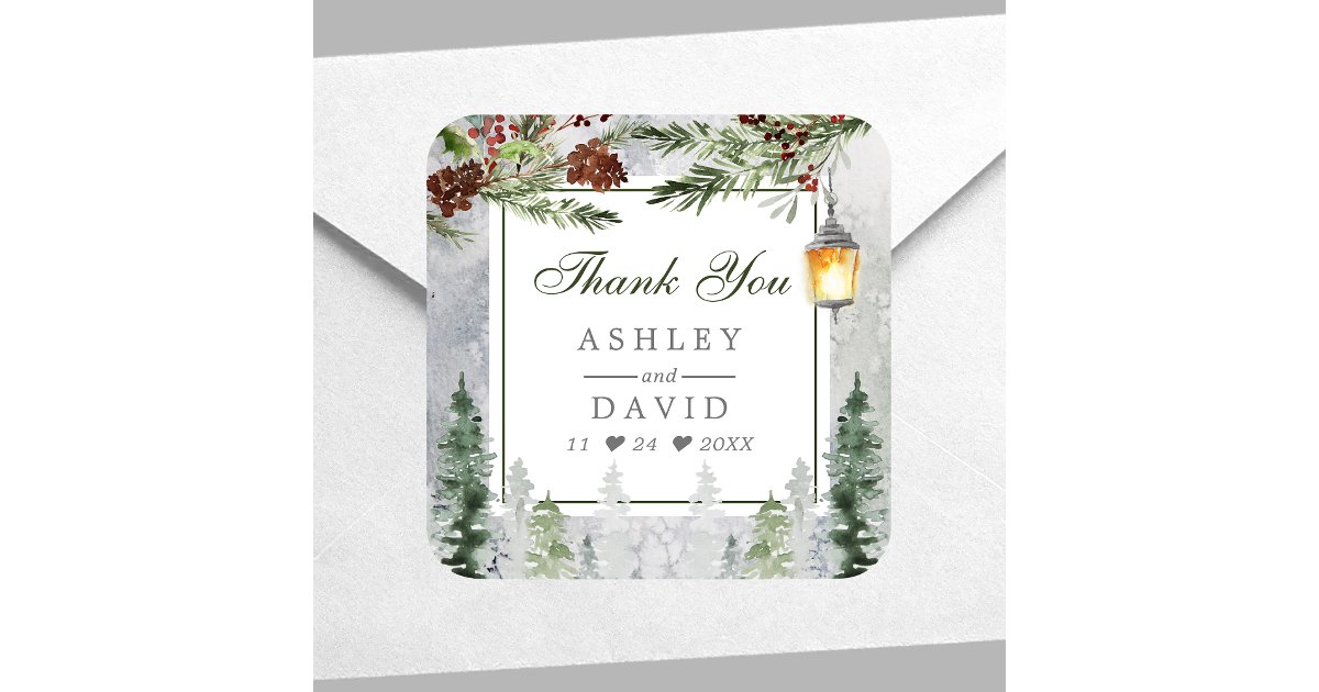 Winter Rustic Pine Trees Lantern Wedding Thank You Square Sticker | Zazzle