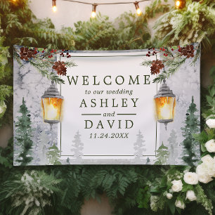 Winter Rustic Pine Trees Lantern Wedding Welcome Banner