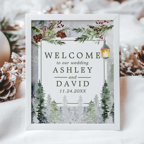 Winter Rustic Pine Trees Lantern Wedding Welcome Poster