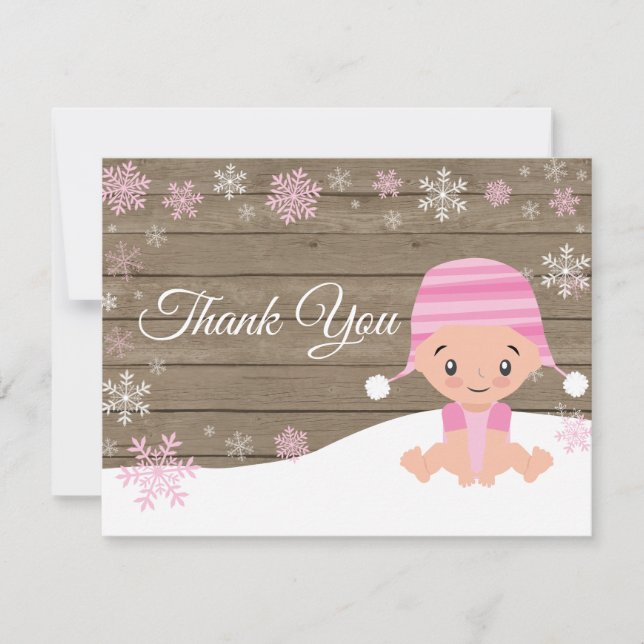 Winter Rustic Snowflake Pink Thank You Card (Front)