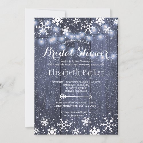 Winter rustic string lights snowing bridal shower invitation