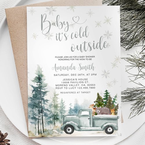 Winter Rustic Truck Snowflakes Forest Baby Shower  Invitation
