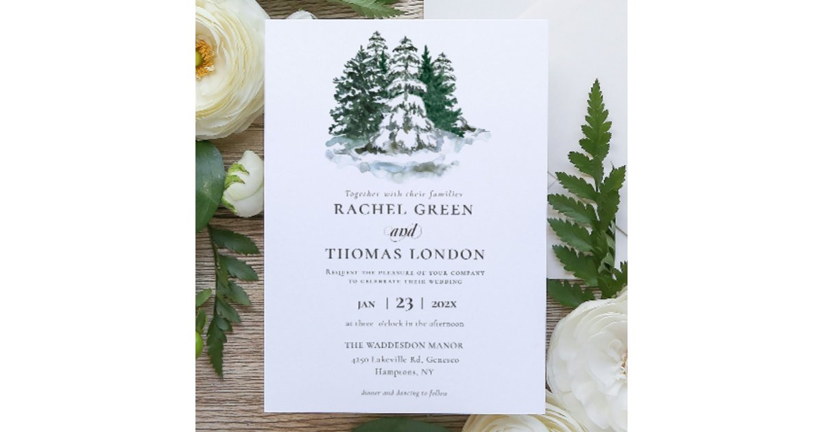 Winter Rustic Watercolor Green Pine trees wedding Invitation | Zazzle
