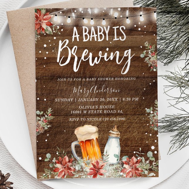 Winter Rustic Wood A Baby is Brewing Baby Shower  Invitation (Creator Uploaded)