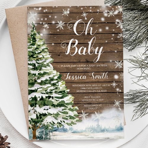 Winter Rustic Wood Evergreen Christmas Baby Shower Invitation