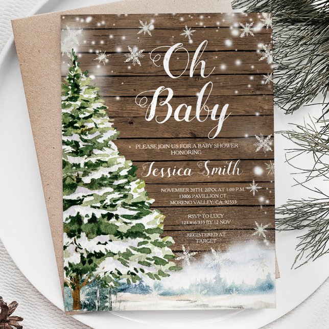 Winter Rustic Wood Evergreen Christmas Baby Shower Invitation (Creator Uploaded)