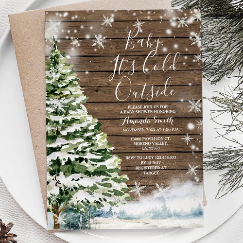 Winter Rustic Wood Evergreen Trees Baby Shower Invitation