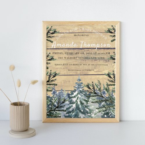 Winter Rustic Wood Forest Watercolor Baby Shower Invitation