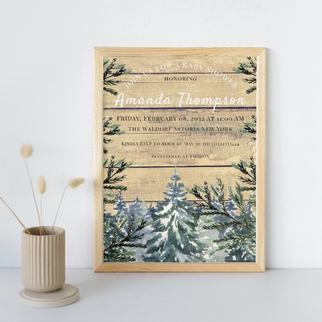 Winter Rustic Wood Forest Watercolor Baby Shower Invitation (Creator Uploaded)