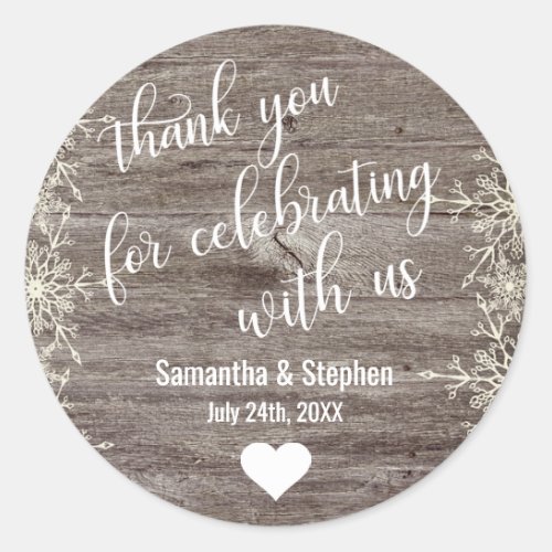 Winter Rustic Wood Heart Thank You Wedding Classic Round Sticker