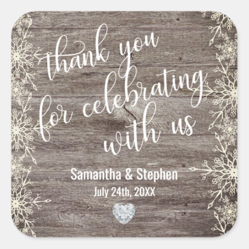 Winter Rustic Wood Heart Thank You Wedding Square Sticker