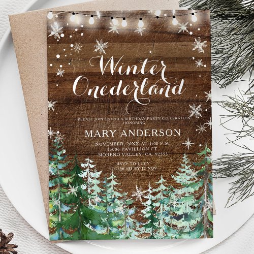 Winter Rustic Wood Snowflakes Onederland Birthday Invitation