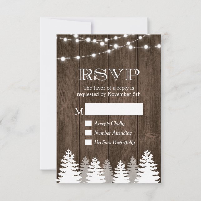 Winter Rustic Wood String Lights Pine Tree RSVP (Front)