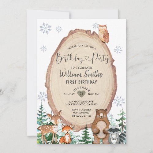 Winter Rustic Woodland Animal Birthday Party  Invitation