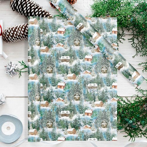 Winter Rustic Woodland Christmas Cabins Wrapping Paper
