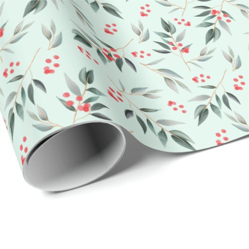 Winter Sage Foliage Greenery  Red Berry Christmas Wrapping Paper