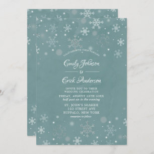 Winter Sage Watercolor White Snowflakes Wedding Invitation
