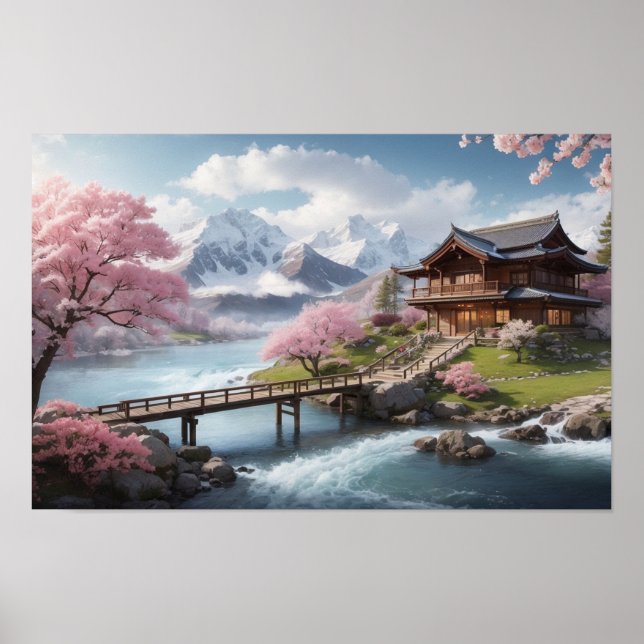 Winter Sakura with Mountain View Poster (Front)