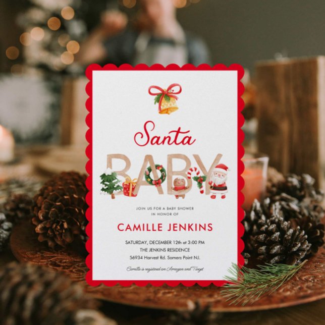 Winter Santa Baby Shower Invitation (Winter Gender Neutral Baby Shower Invitation)