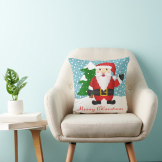 Winter Santa Claus Waving &amp; Custom Name Christmas Throw Pillow