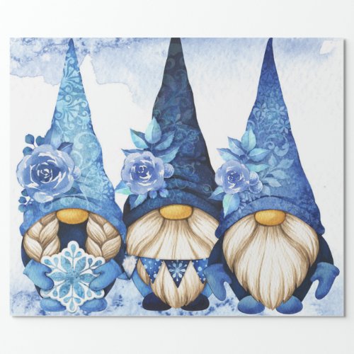 Winter Scandinavian Gnomes with Blue Peony Wrapping Paper