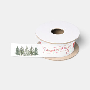Winter Scandinavian Pine Tree Merry Christmas Satin Ribbon