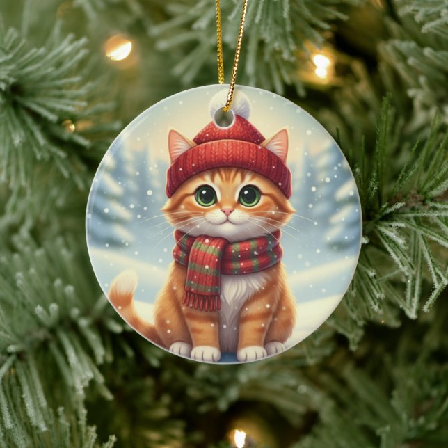 Winter Scarf Cat Christmas Cat with Plaid Scarf Ceramic Ornament (Tree)