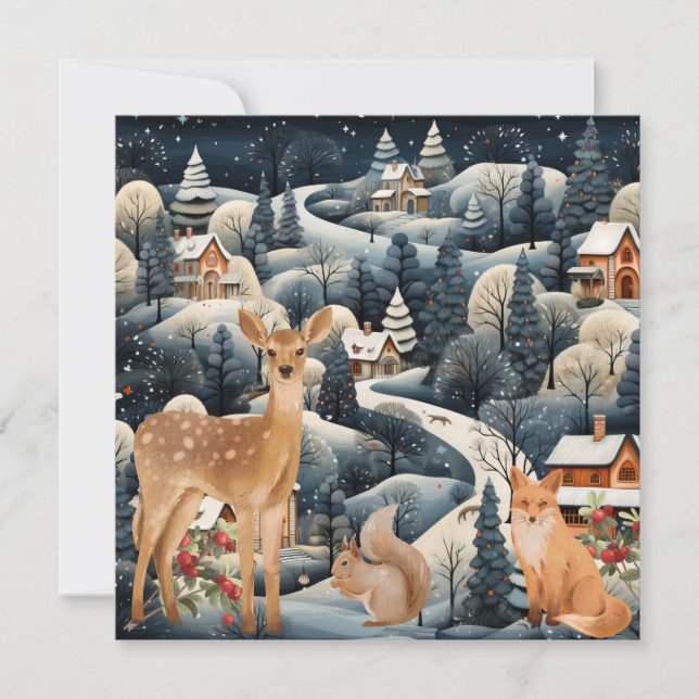  Winter Scene Christmas Woodland Animals Flat  Thank You Card (Front)