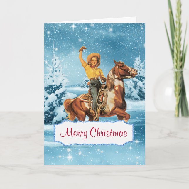 Winter Scene  Cowgirl and Horse Christmas Card 2 (Front)