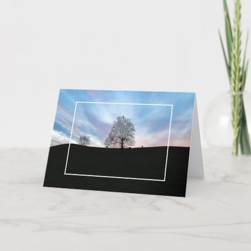 Winter Scene Dusk wBluish Skies Trees  Horses Card