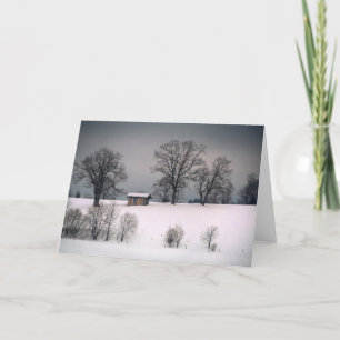 Winter scene, hill and trees, hut holiday card