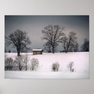 Winter scene, hill and trees, hut poster