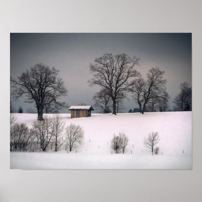 Winter scene, hill and trees, hut poster (Front)