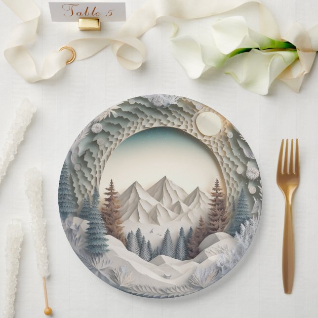 Winter Scene Holiday Christmas 3D Look Party Paper Paper Plates (Wedding)