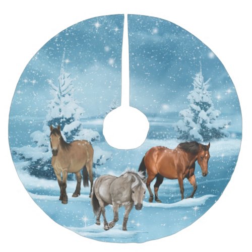 Winter Scene Horses Snow  And Trees Christmas Brushed Polyester Tree Skirt