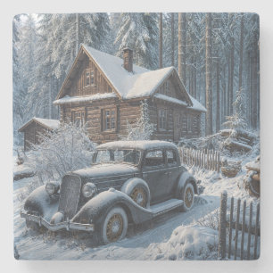 Winter Scene of a Snowy Cabin in the Woods Stone Coaster