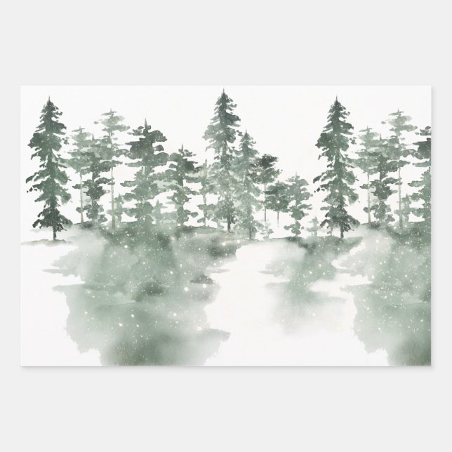 Winter Scene of Snowy Green and Gray Pines Wrapping Paper Sheets (Front)