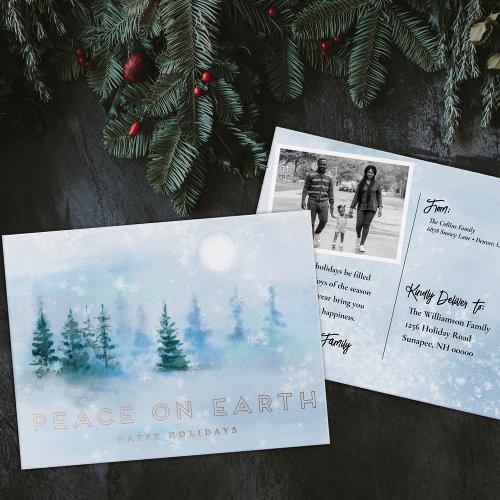 Winter Scene Peace on Earth Holiday Photo Foil Foil Invitation Postcard