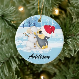 Winter Scene Penguin And Snowman With Name