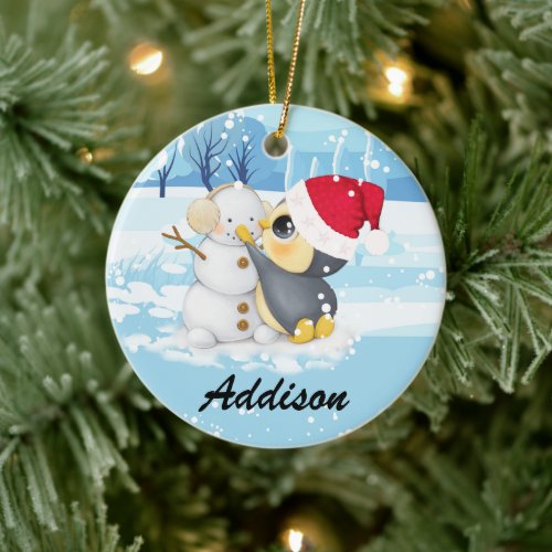 Winter Scene Penguin And Snowman With Name Ceramic Ornament