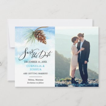 Winter Scene Pinecone Watercolor Save The Date by marlenedesigner at Zazzle