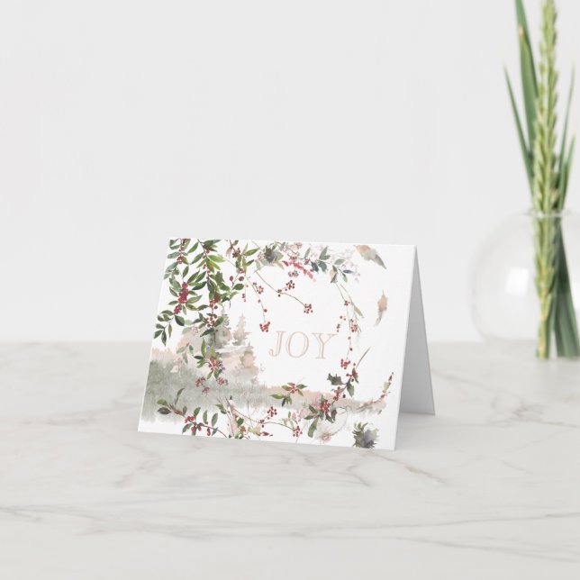 Winter Scene Pink Berry Branches Christmas Card (Front)