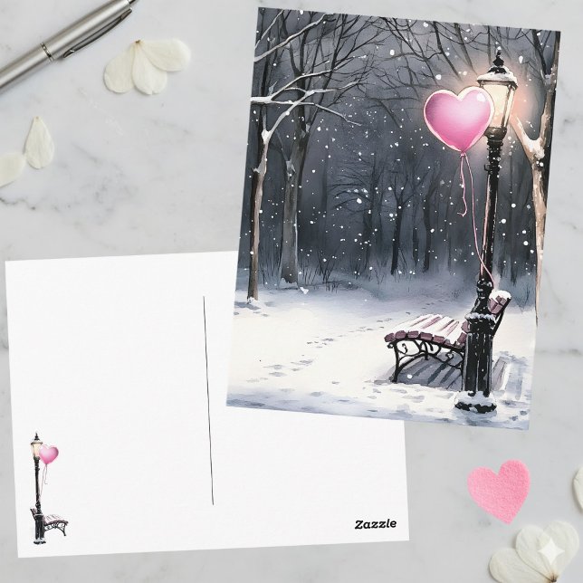 Winter Scene Pink Heart Balloon Valentine's Day Postcard (Creator Uploaded)