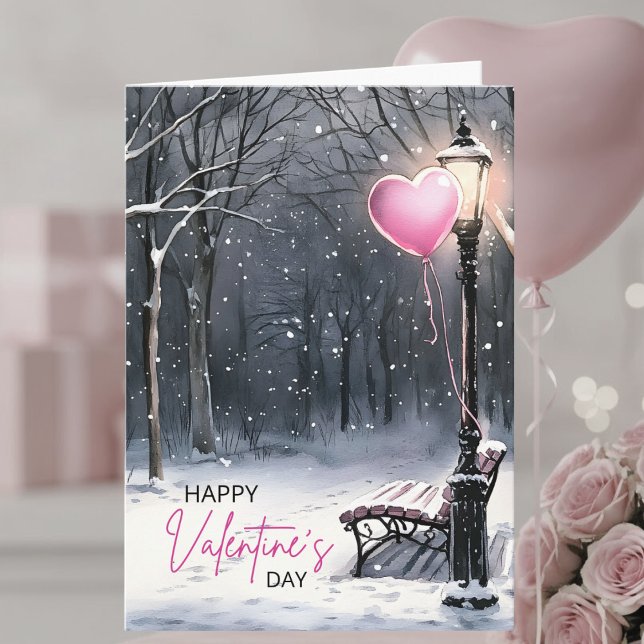 Winter Scene–Pink Hearts Happy Valentine's Day Card (Creator Uploaded)