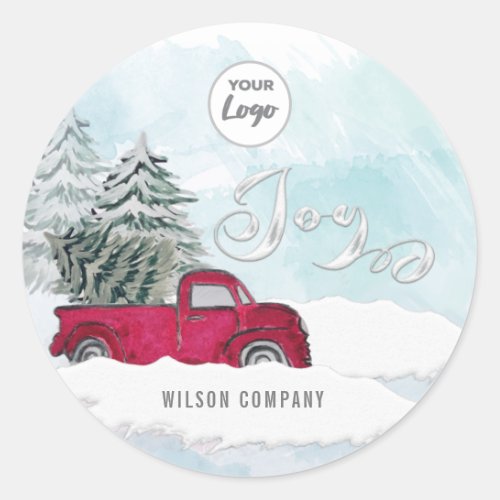 Winter scene red truck joy custom logo classic round sticker