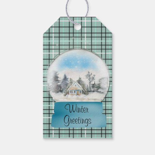 Winter Scene Snow Globe on Plaid Gift Tag