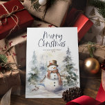 Winter Scene Snowman Christmas Holiday Card<br><div class="desc">Watercolor Winter Scene,  Christmas Card. Features,  forest trees and festive holiday snowman with dark navy blue typography and backing color.</div>