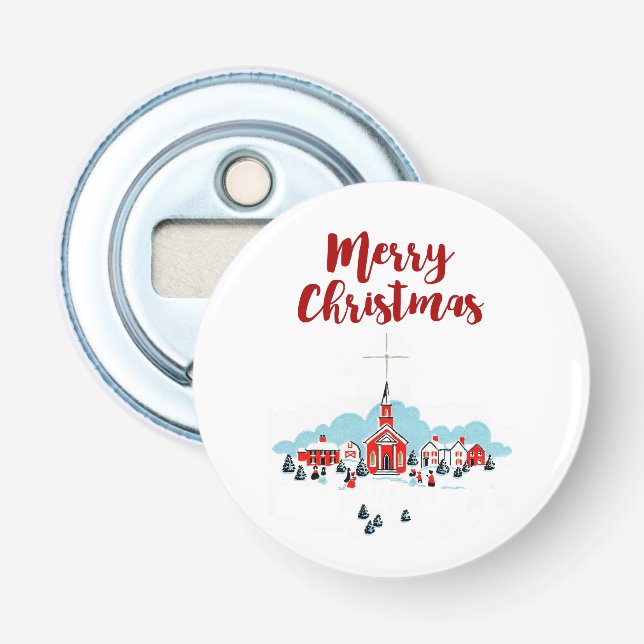 Winter Scene with a Red Church and Christmas Star Bottle Opener (Front)
