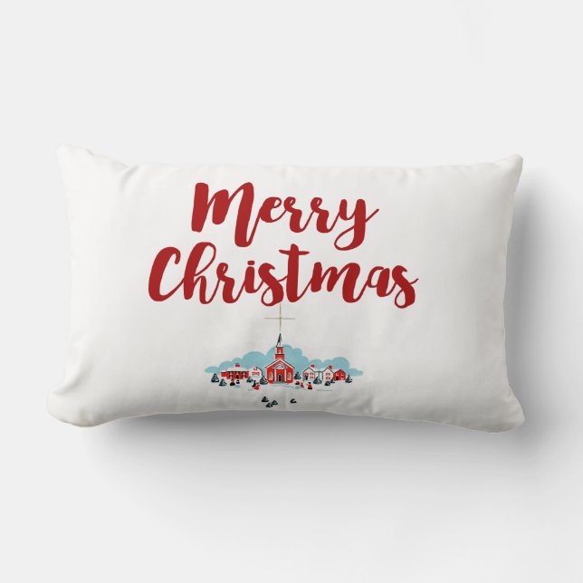 Winter Scene with a Red Church and Christmas Star Lumbar Pillow (Front)