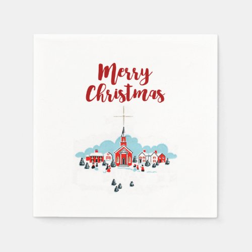 Winter Scene with a Red Church and Christmas Star Napkins